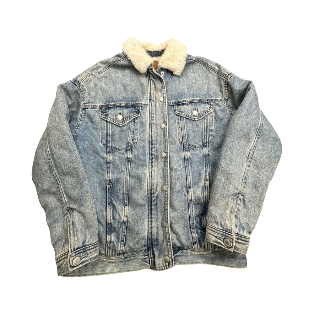 American Eagle Jacket Womens‎ S Blue Denim Sherpa Lined Trucker Faux Fur Collar
